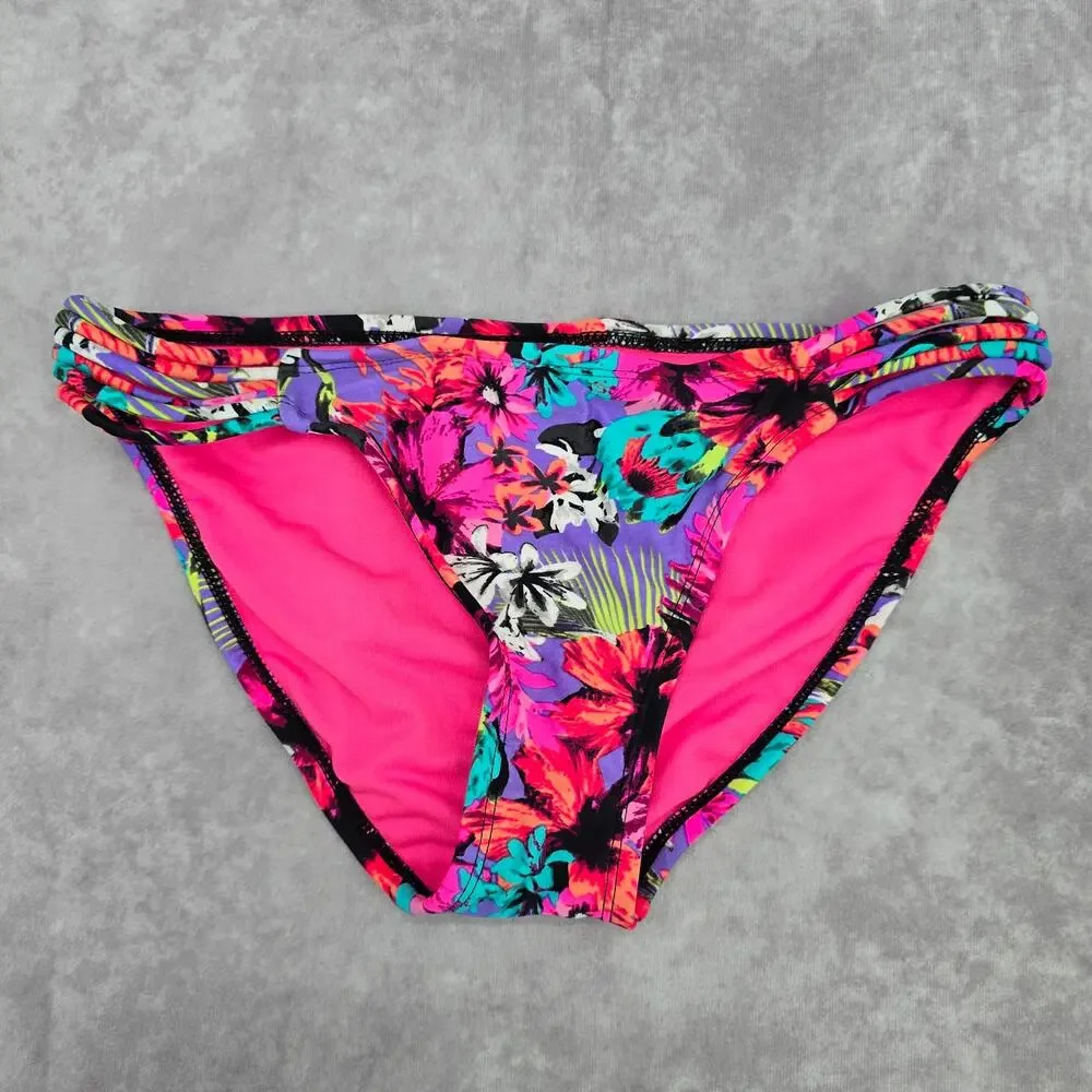 Xhilaration Pink Black Purple‎ Floral Medium Cheeky Bikini Bottom Swimwear